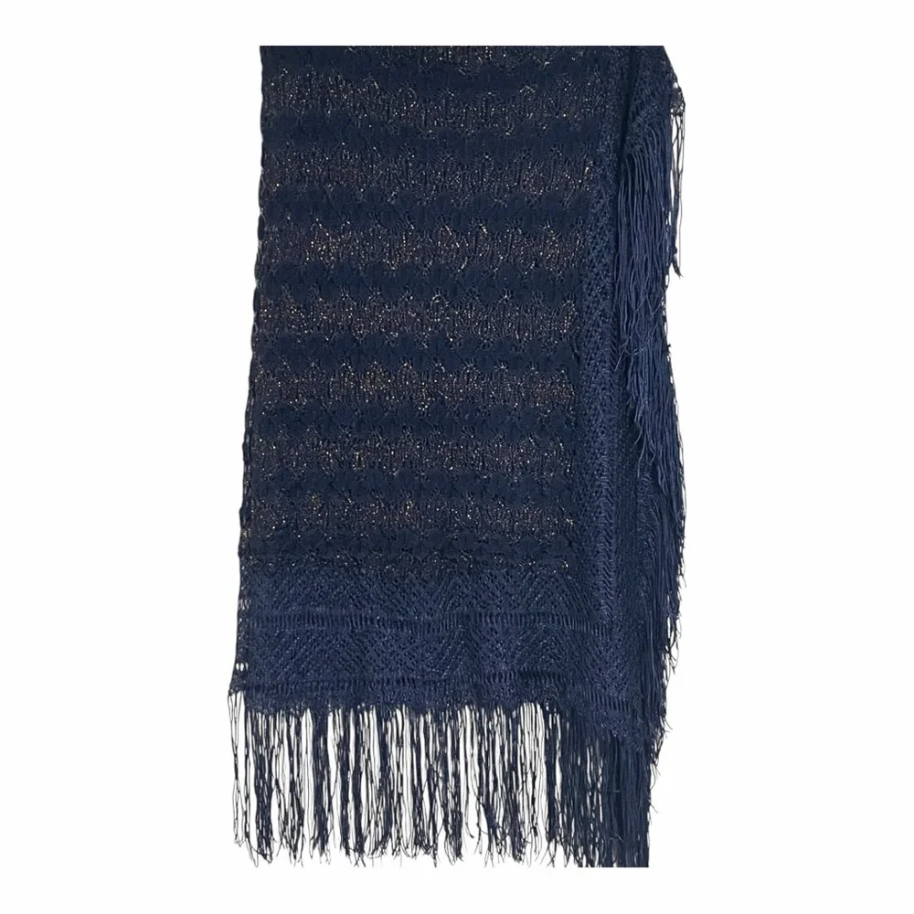 Elegant Knit Navy Lace Shawl with Fringe